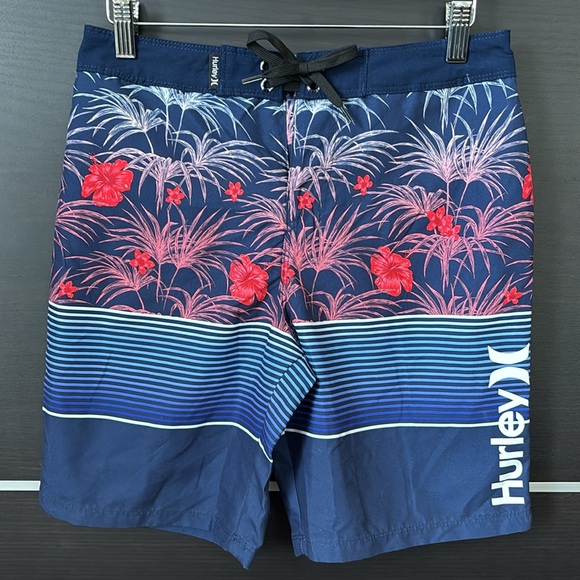 Hurley Boy’s Blue and Red Board Shorts with Tropical Design - Picture 2 of 13